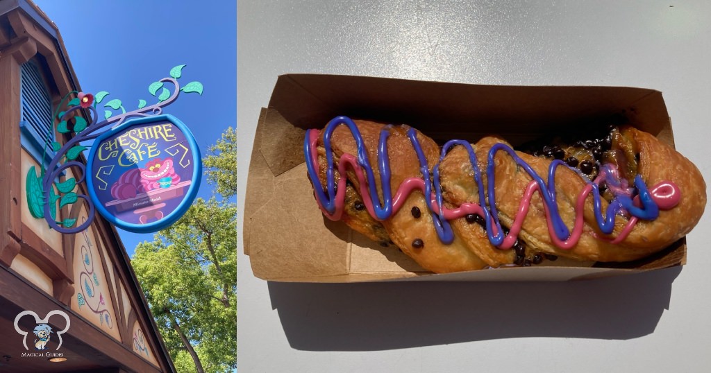 Cheshire Cafe sign and the Cheshire Cat Tail Pastry in Magic Kingdom.