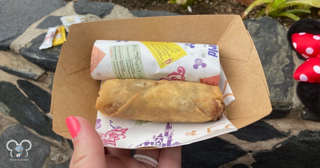 Spring rolls from the spring roll cart in Magic Kingdom. These two are the cheeseburger roll and the pepperoni pizza roll.