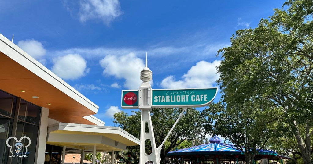 Cosmic Ray's Starlight Cafe sign in Magic Kingdom. This can be found in Tomorrowland.