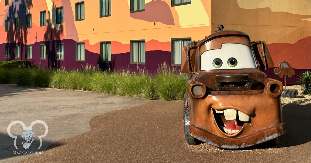 Tow Mater Statue you will see in the Cars section of Art of Animation Resort in Disney World.
