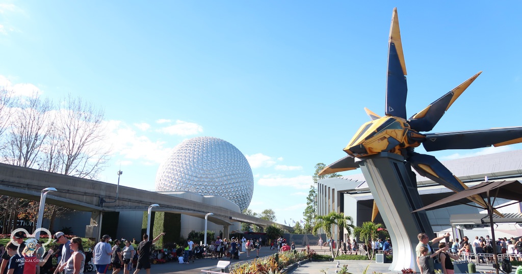 Spaceship Earth geodesic sphere seen in the background here from Guardians of the Galaxy Cosmic Rewind entrance