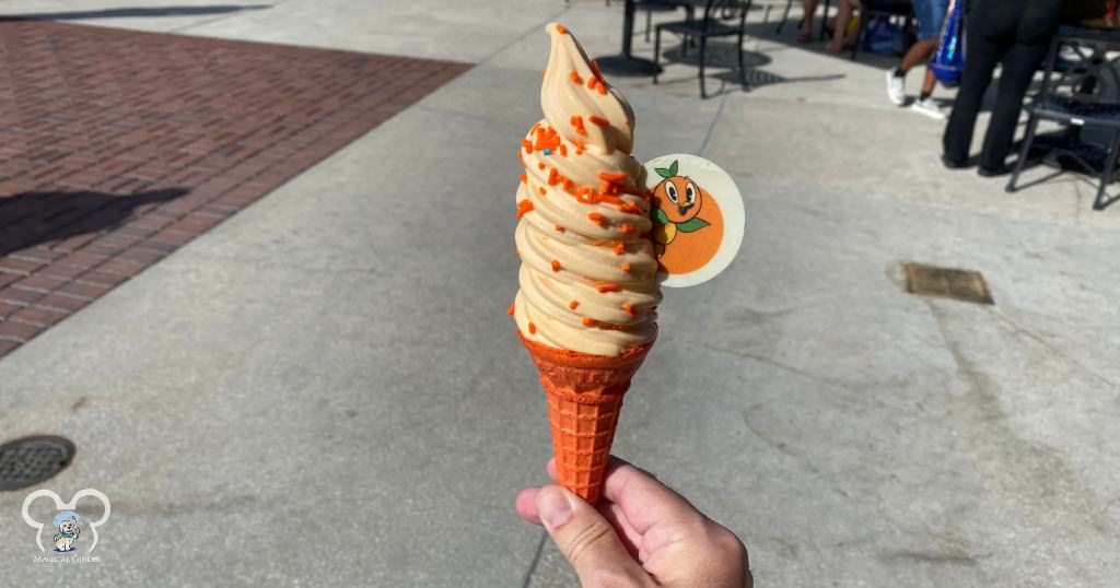 The orange bird cone offered at Swirls on the Water at Disney Springs for a limited time.