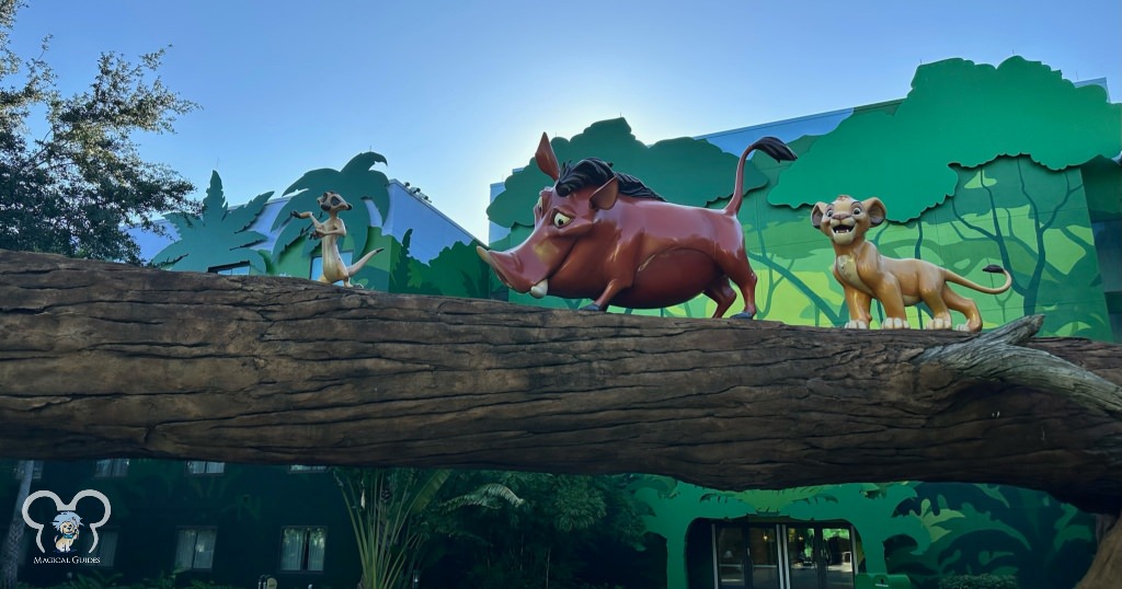 Lion King Section of Disney's Art of Animation Resort. See Timon, Pumbaa, and Simba statues in this section. You can also see adult Simba on Pride Rock and Rafiki as well.