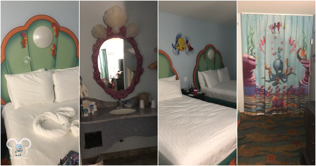 Little Mermaid Standard Room. Far left: Clam shell bed and Mousekeeping left us a fun surprise! Left Center: Little Mermaid themed sink in the bathroom. Right Center: Two queen beds with Flounder and Sebastian in the middle. Far right: Curtain separating the sink and living area.