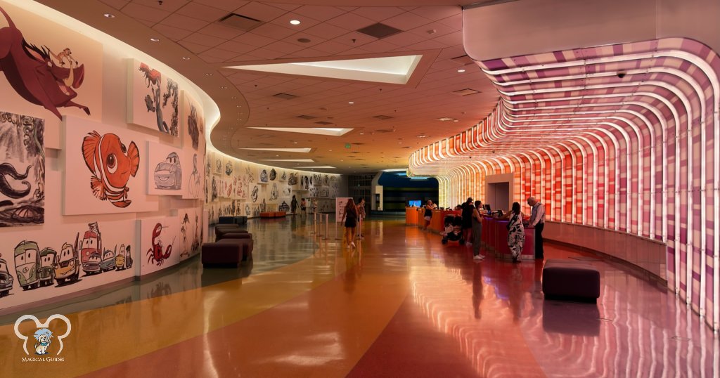 Lobby of the Art of Animation located in Animation Hall. The drawings go from black & white to color along the wall.