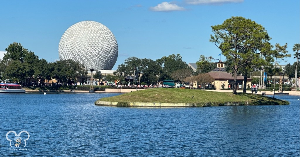 View of Spaceship Earth, the EPCOT ball, from the World Showcase Lagoon.