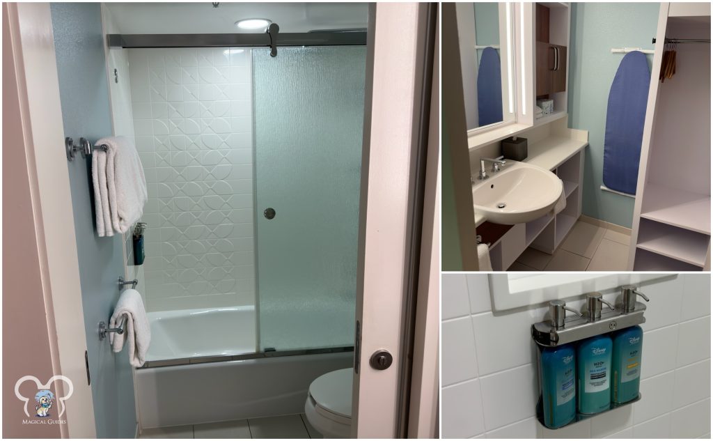 Pictures of the bathroom in a Pop Century Room with the Shower, Ironing Board, Closet, and Shampoo/Conditioner.