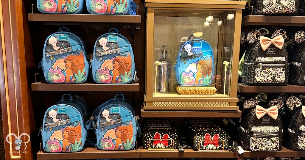 Lounge Fly bags on display showing off the Little Mermaid and Minnie Mouse at Main Street Cinema in Magic Kingdom. 