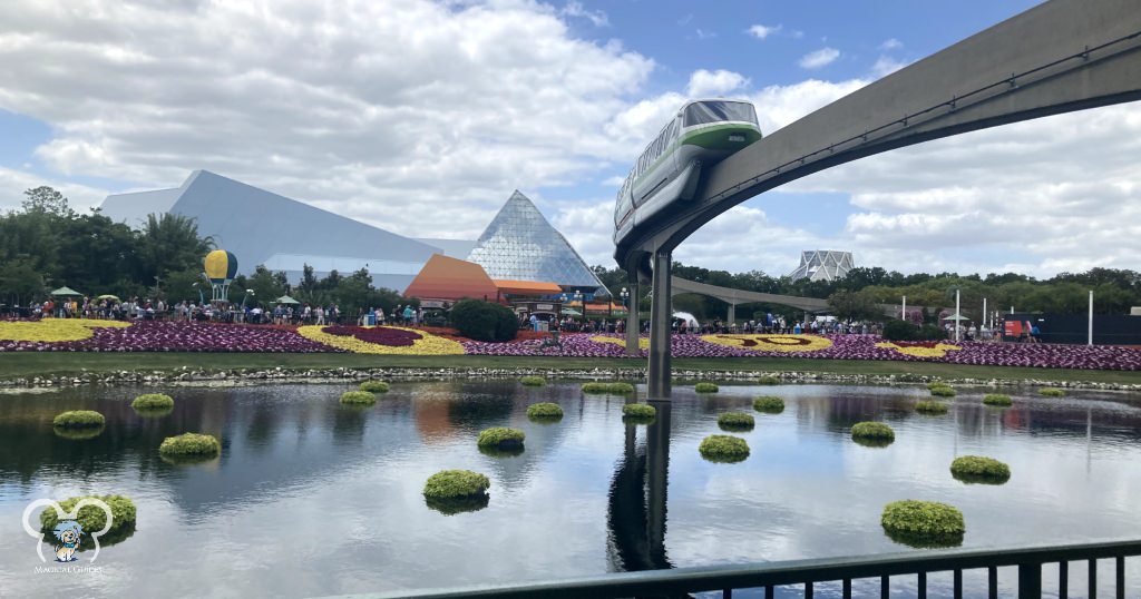 EPCOT with the monorail and flowers during the EPCOT International Flower & Garden Festival.