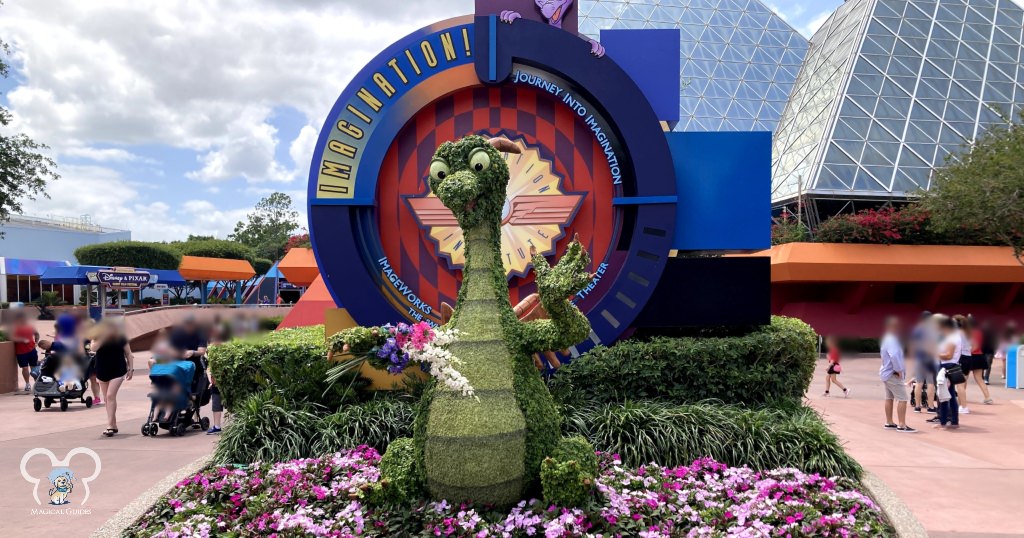 EPCOT International Flower & Garden Festival topiary with Figment. Crowds were mid level in April.