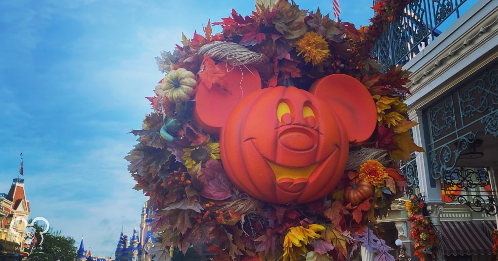 The iconic Mickey wreath post along Main Street USA in the Magic Kingdom