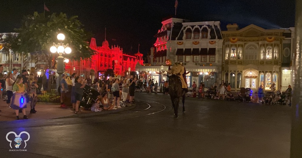 The Headless Horseman makes an appearance at the end of the parade at the Mickey's Not So Scary Halloween Party.
