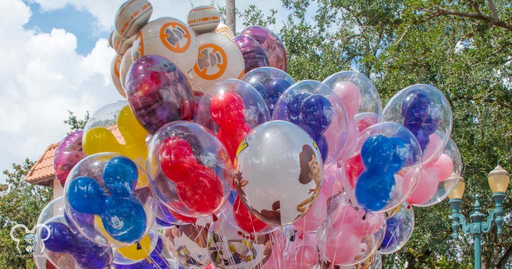 Balloons in Hollywood Studios showing Pixar, Star Wars, and the iconic Mickey Balloons.
