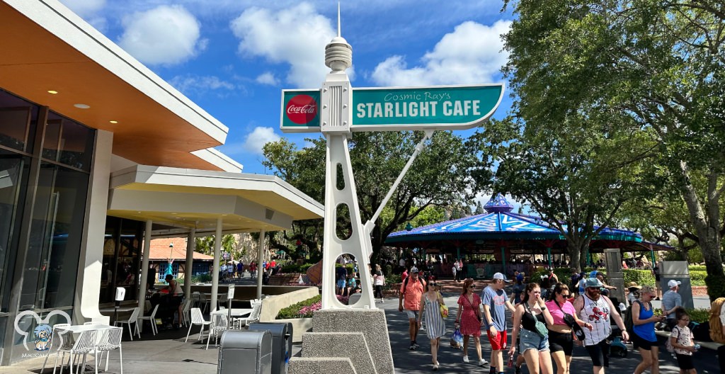 Cosmic Ray's Starlight Cafe is right beside the Mad Hatter's Mad Tea Party and the Cheshire Cafe.