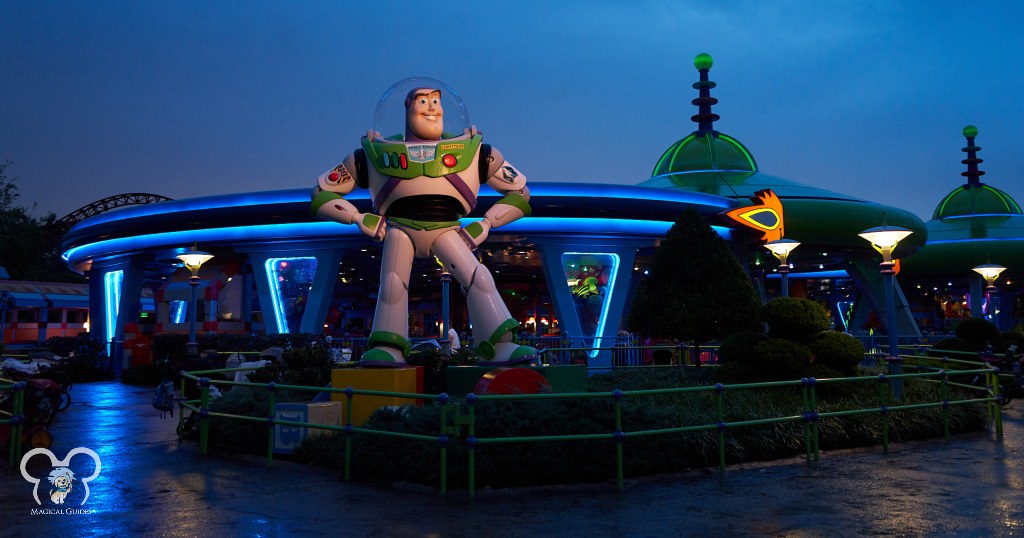 Buzz Lightyear ride in the rain at night in Disney's Hollywood Studios.