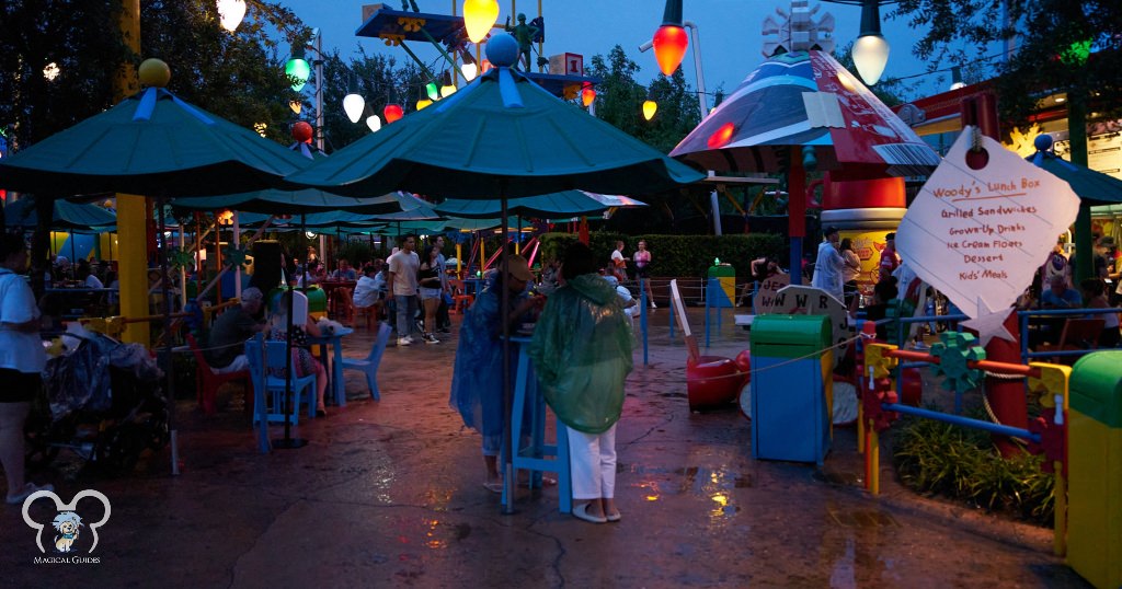 There are many umbrellas and covered areas in Hollywood Studios for short afternoon rainstorms.