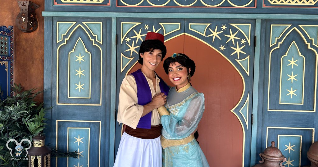 Character Meet at Agrabar Bazaar with Jasmine and Aladdin across from the Magic Carpet Ride in Magic Kingdom.