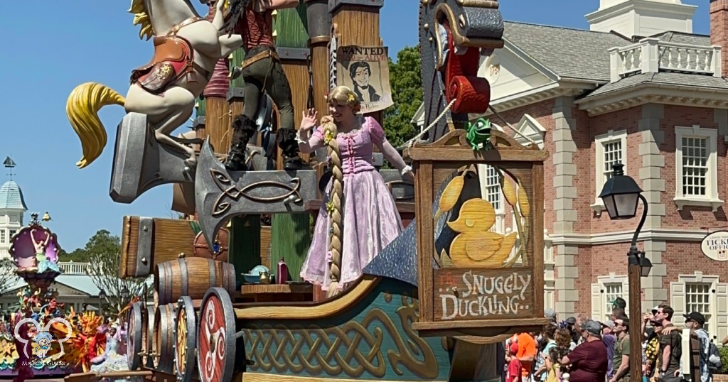 Rapunzel on the Tangled float in the Festival of Fantasy Parade in Magic Kingdom along with her friends from the Snuggly Duckling.