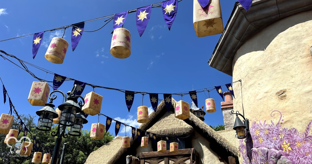 Lanterns around Rapunzel's Tower in Magic Kingdom at Walt Disney World.