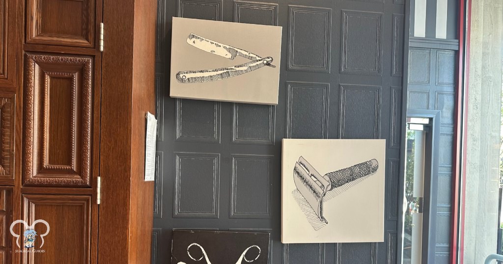 The artwork in the Art of Shaving barbershop side if of old school shaving tools.